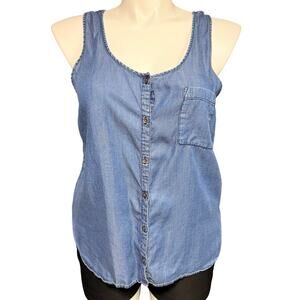 Mudd Womens Chambray Button Down Tank Top Shirt Scoop Neck Rounded Hem Blue XL